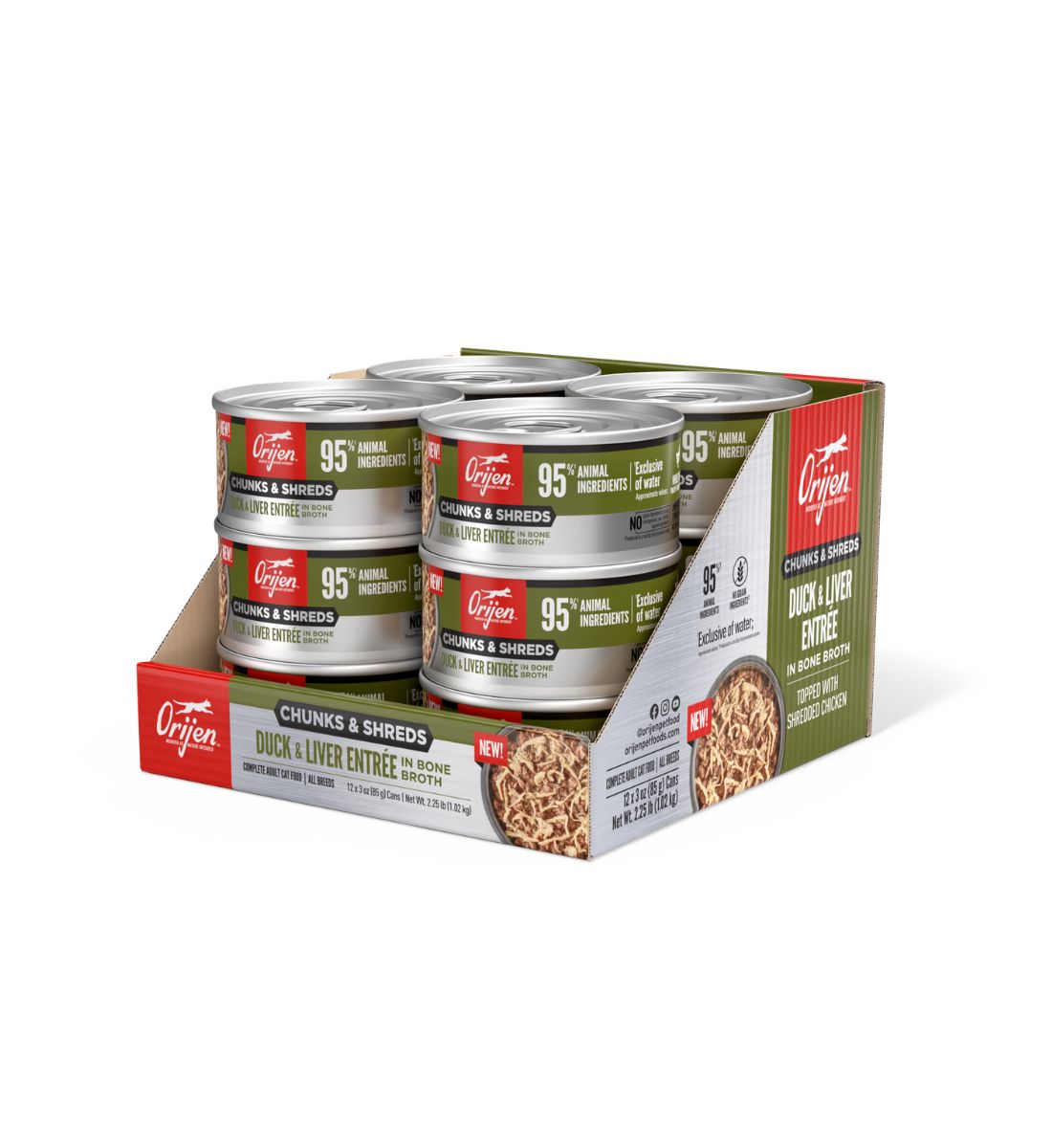 Box of ORIJEN canned pet food with multiple cans on a white background