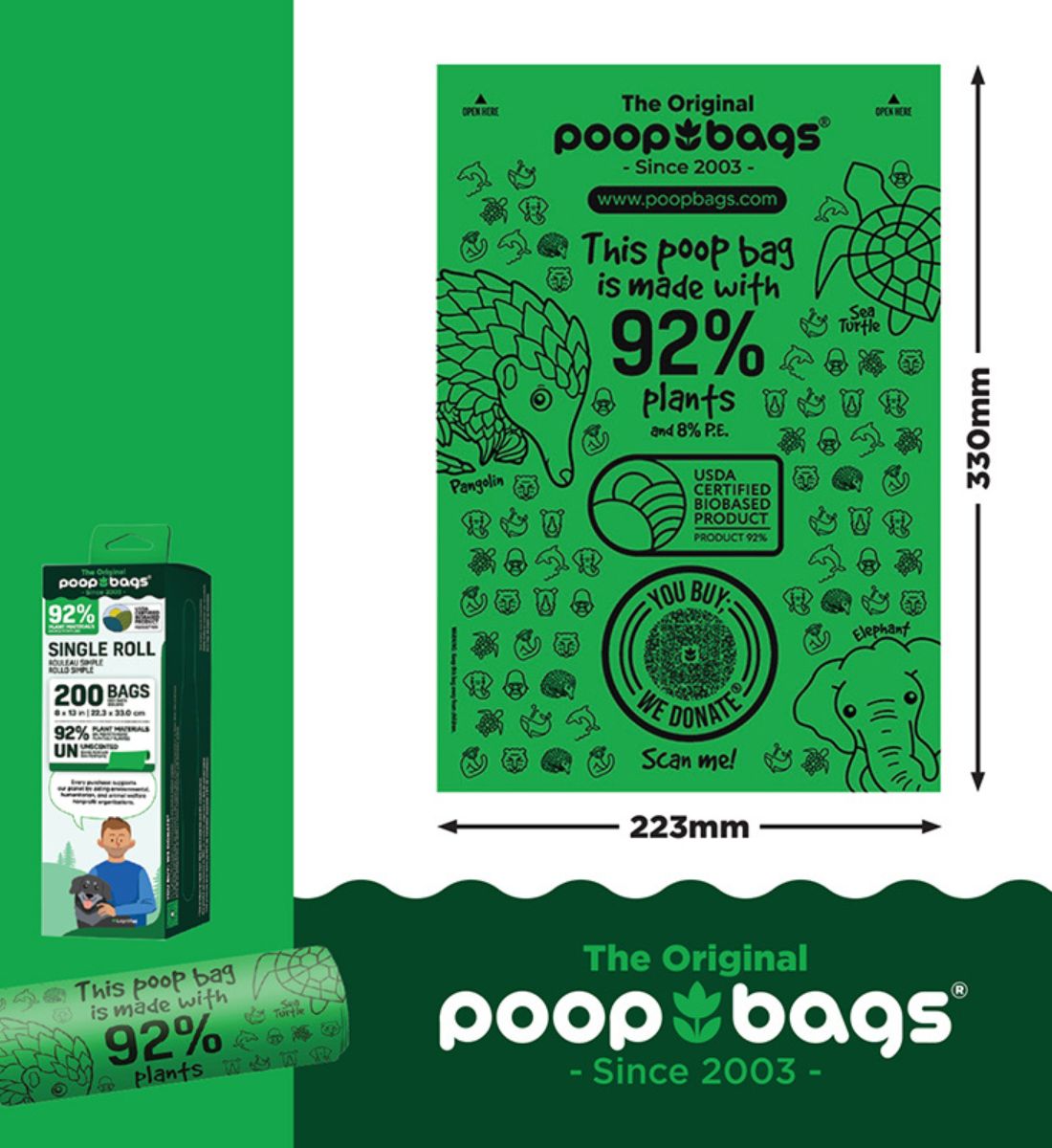 The Original Poop Bags - Plant-based Single Bulk Roll 1x200